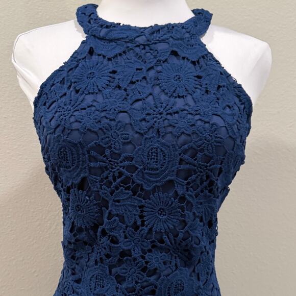 Pink Lily Navy Blue Floral Lace Halter Bodycon Dress Cocktail Midi Large NEW - Picture 4 of 9